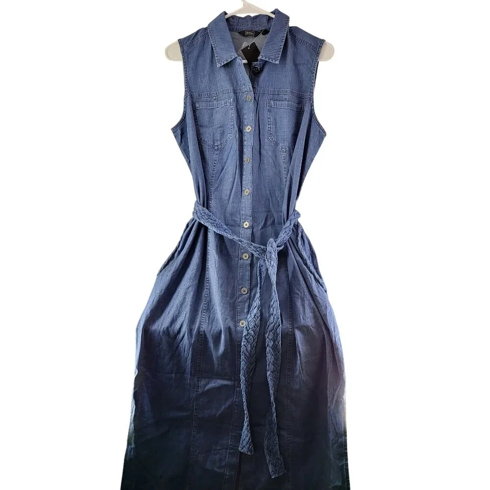 Women's Sleeveless Denim Button-Down Maxi Dress Braided Belt G By Giuliana M NWT - Picture 2 of 15